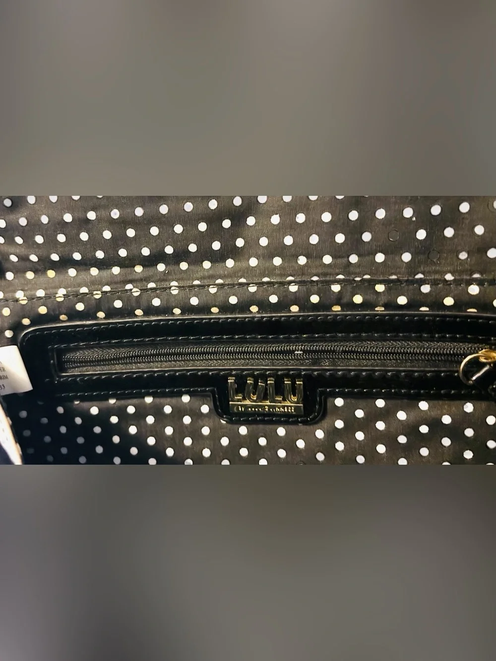 Lulu Guinness Black Polka Dot Bow Clutch with Gold Chain